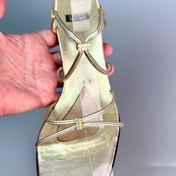 Stuart Weitzman Gold Strappy Heeled Sandals with Rhinestone Details US 9 - Picture 7 of 13